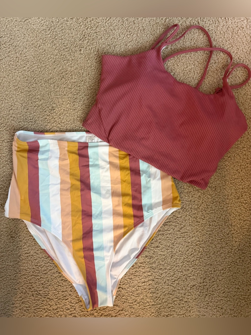Striped High-Waist Bikini Bottoms with Ribbed Mauve Bikini Top